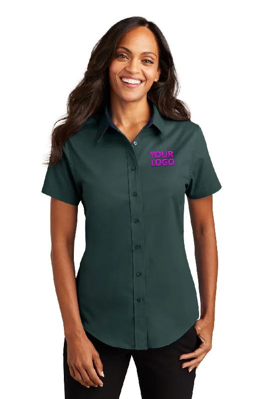 Fashion Elements Port Authority Ladies Short Sleeve Easy Care Custom Shirts, Dark Green/Navy