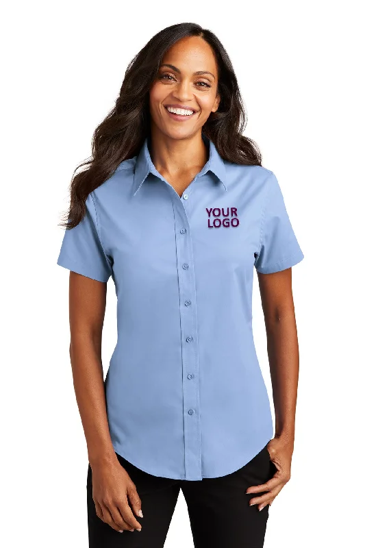 Cute Style Port Authority Ladies Short Sleeve Easy Care Custom Shirts, Light Blue/Light Stone