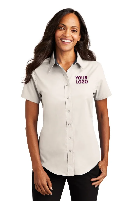 Relaxed And Casual Port Authority Ladies Short Sleeve Easy Care Branded Shirts, Light Stone/Classic Navy