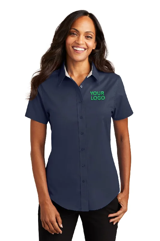 Fresh And Natural Port Authority Ladies Short Sleeve Easy Care Branded Shirts, Navy/Light Stone
