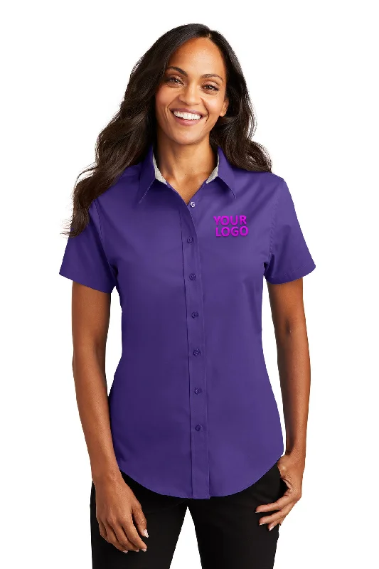 Casual Street Port Authority Ladies Short Sleeve Easy Care Branded Shirts, Purple/Light Stone