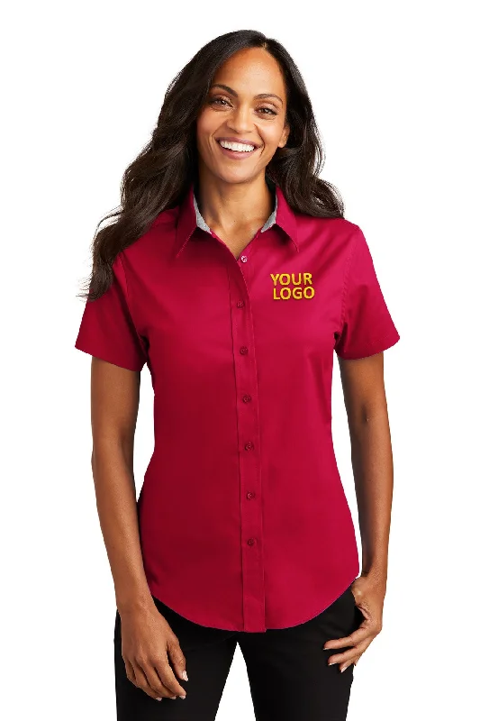 Denim Design Port Authority Ladies Short Sleeve Easy Care Branded Shirts, Red/Light Stone