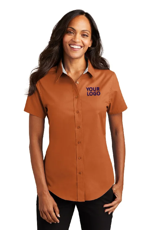 Romantic And Fresh Port Authority Ladies Short Sleeve Easy Care Branded Shirts, Texas Orange/Light Stone