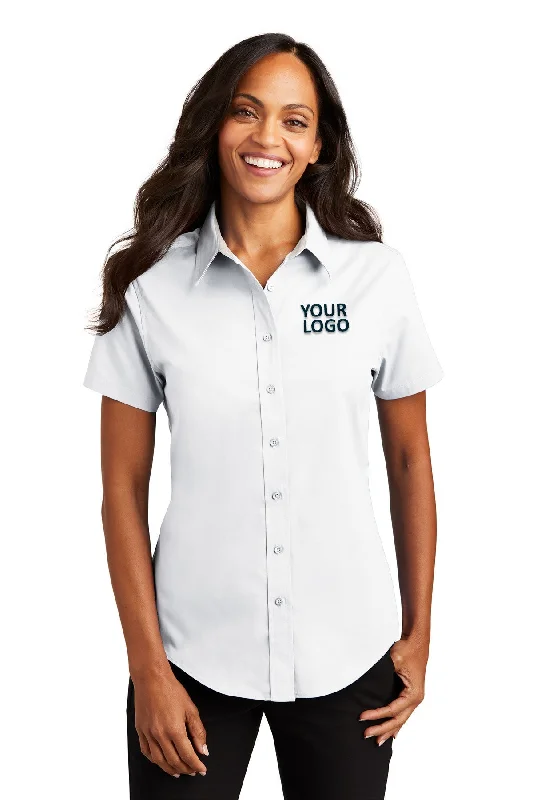 Simple Style Port Authority Ladies Short Sleeve Easy Care Branded Shirts, White/Light Stone