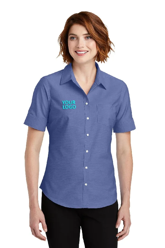 Slim Fit Port Authority Ladies Short Sleeve SuperPro Branded Oxford Shirts, Navy