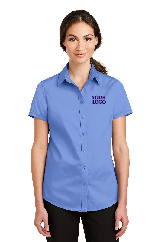 Slightly Flared Design Port Authority Ladies Short Sleeve SuperPro Branded Twill Shirts, Ultramarine Blue