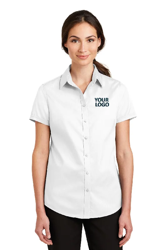 College Style Port Authority Ladies Short Sleeve SuperPro Branded Twill Shirts, White
