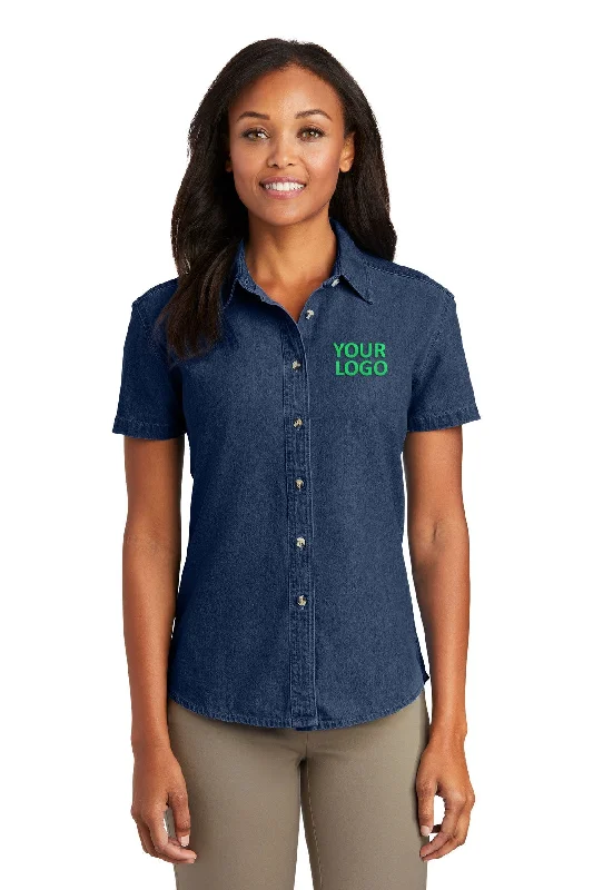 End Of The Year Port & Company Ladies Short Sleeve Custom Denim Shirts, Ink Blue