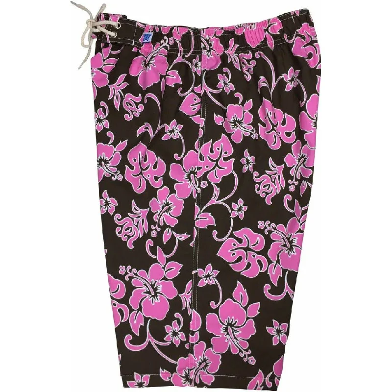 New Products "Pure Hibiscus" (Brown+Pink) Elastic Waist Board Shorts. Regular Rise or High Waist.  Women's CUSTOM