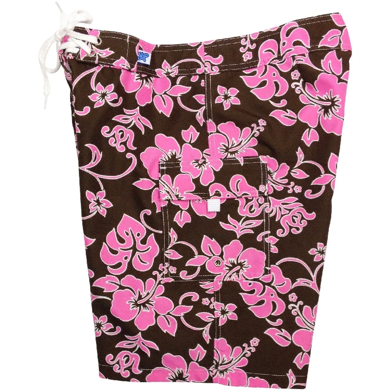 "Pure Hibiscus" Girls Board (Swim) Shorts - 8.5" Inseam (Brown+Blue or Brown+Pink) *SALE*