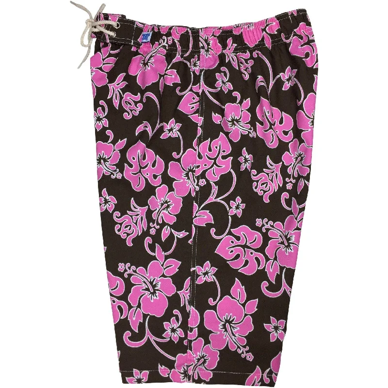 High-end Design "Pure Hibiscus" Womens Elastic Waist Swim Board Shorts.  HIGH Rise + 11" Inseam (Brown+Pink)