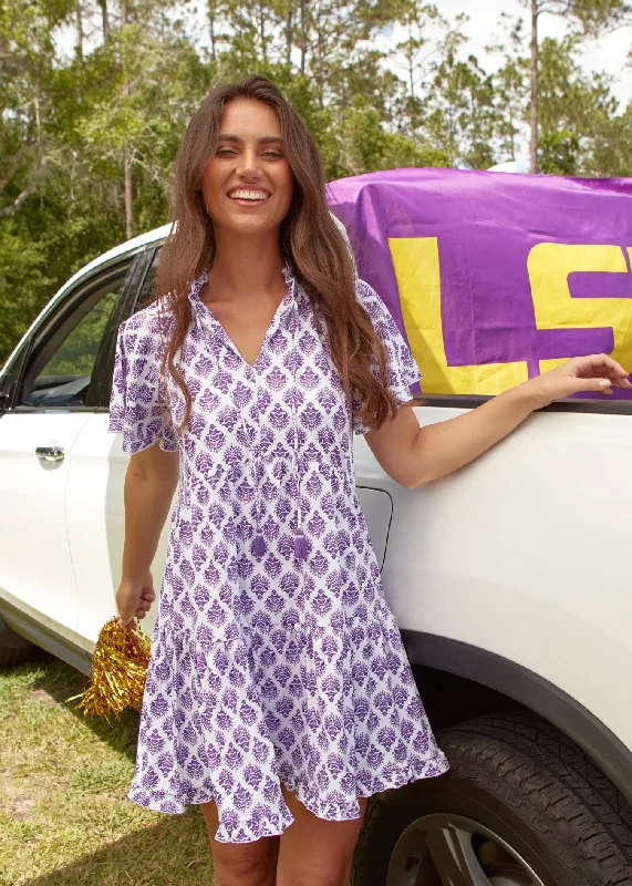 Low-key Luxury Purple Game Day Short Sleeve Tiered Dress