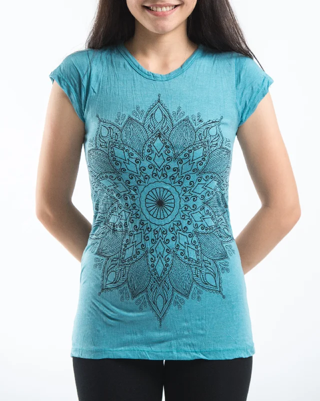 Spring Fashion Womens Lotus Mandala T-Shirt in Turquoise