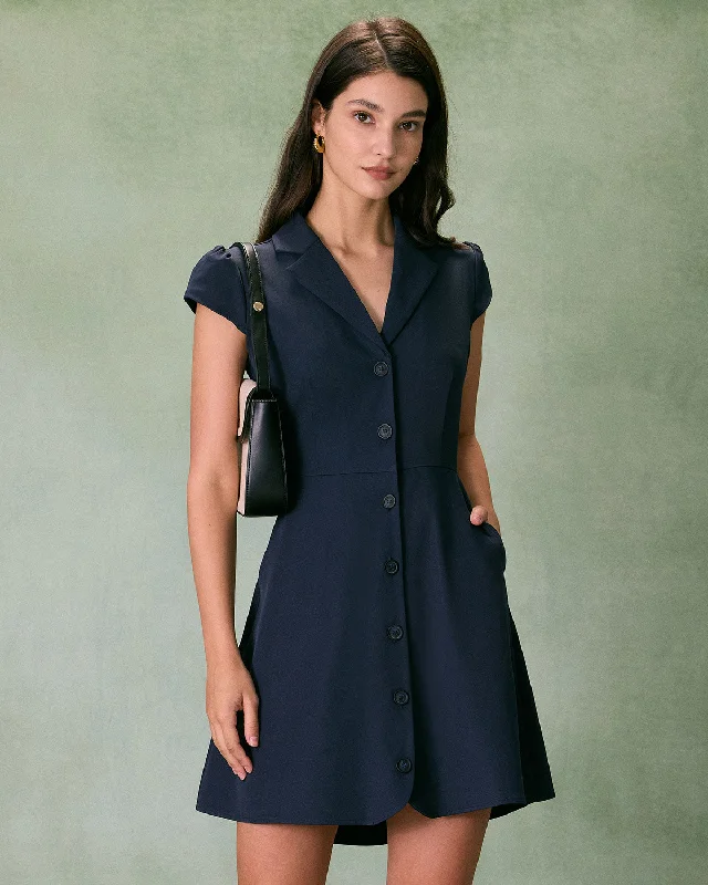 The Navy Lapel Cap Sleeve Button-up Mini Dress