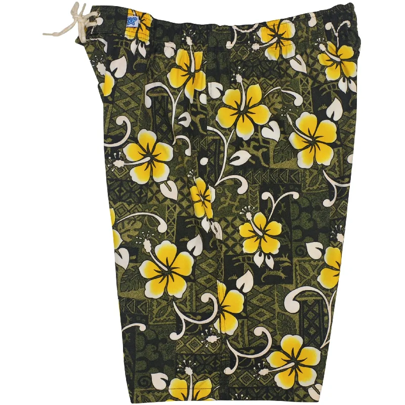 Fashionable And Versatile "Top Dog" (Olive) Elastic Waist Board Shorts. Regular Rise or High Waist. Women's CUSTOM