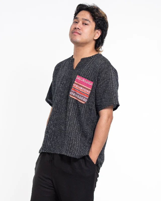 Unisex Woven Cotton Shirt with Tribal Pocket in Black