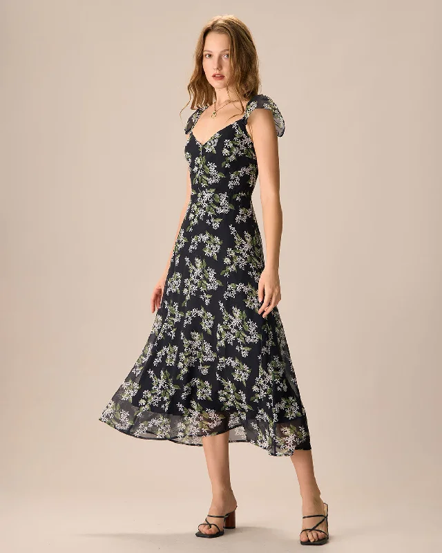 Women's Black Floral Shirred Midi Dress