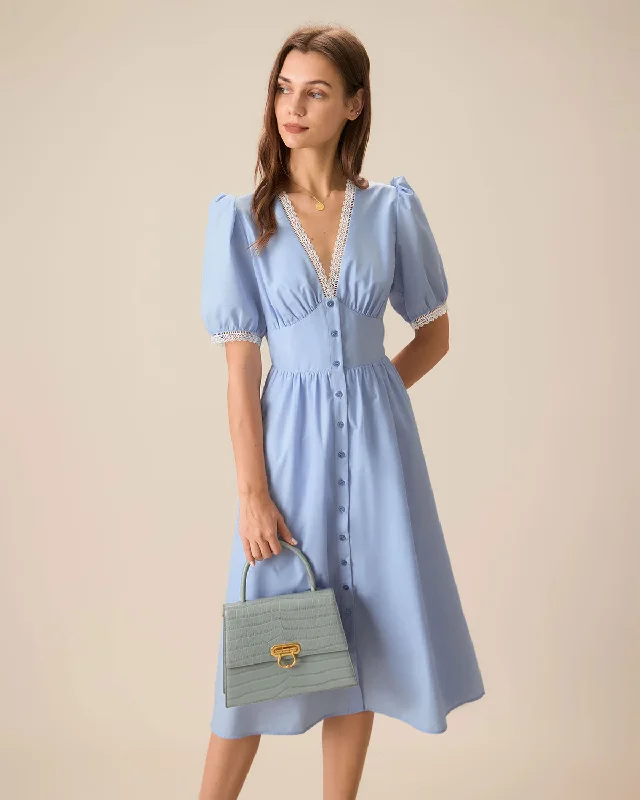 Women's Blue V-Neck Puffed Sleeve Midi Dress