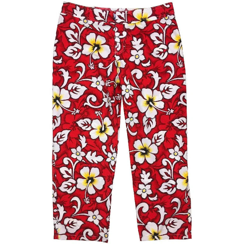 Floral Prints " Charm School" Womens Board (Swim) Capris - ELASTIC Waist  + Regular Rise + 23" Inseam (Red)
