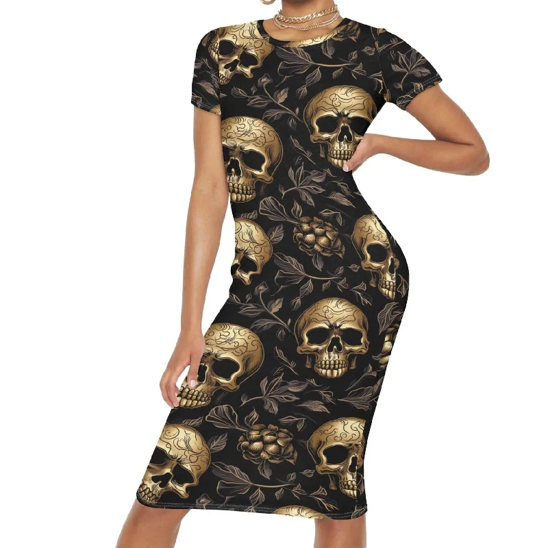 Celebrity Must-have Womens Gold Skulls Short Sleeve Casual Long Dress