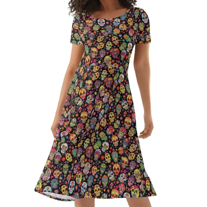 Multifunctional Style Womens Lots of Colorful Skulls Short Sleeve Ruffle Dress