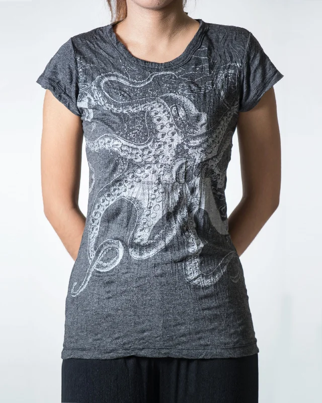 Youthful Street Fashion Womens Octopus T-Shirt in Silver on Black