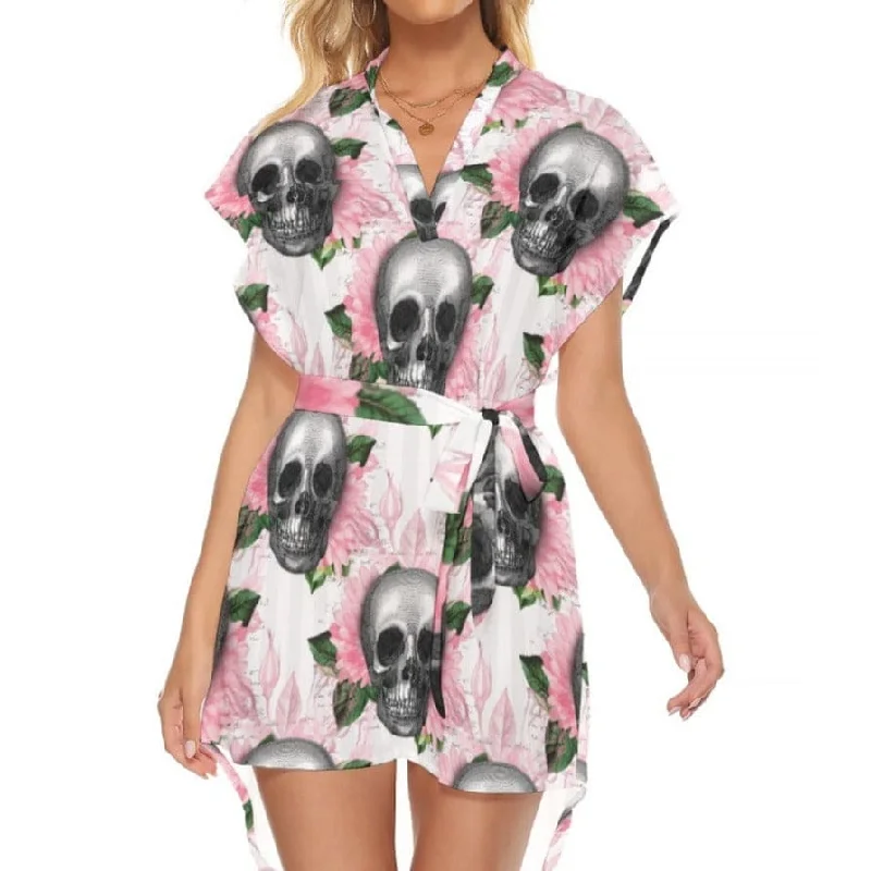 Simple Matching Women's Pink Floral Skull Standing Collar Dress With Belt