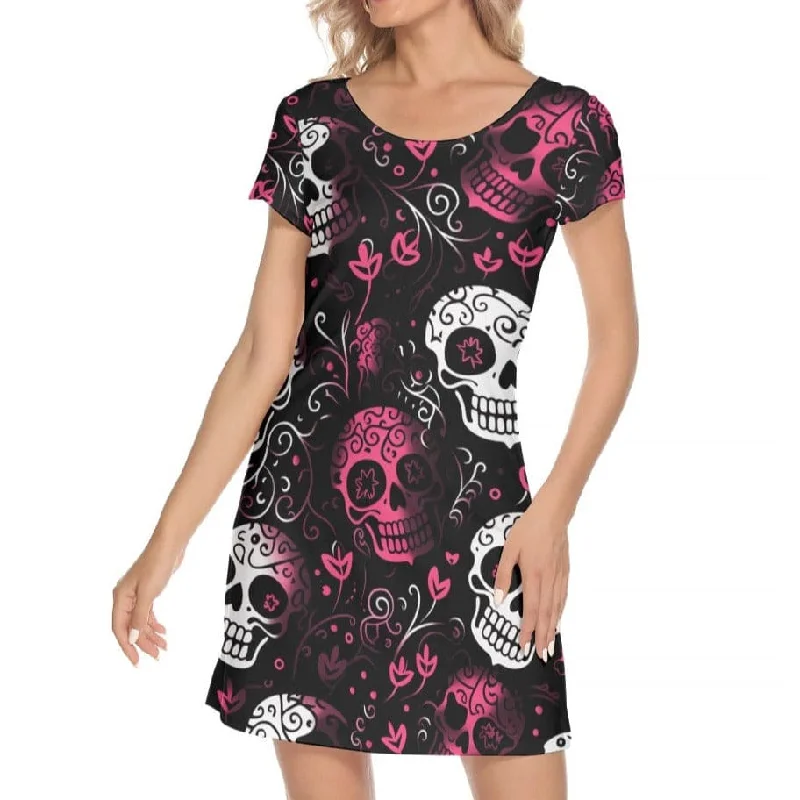 Elegant Design Women's Pink Skulls Short Sleeve O-neck Dress
