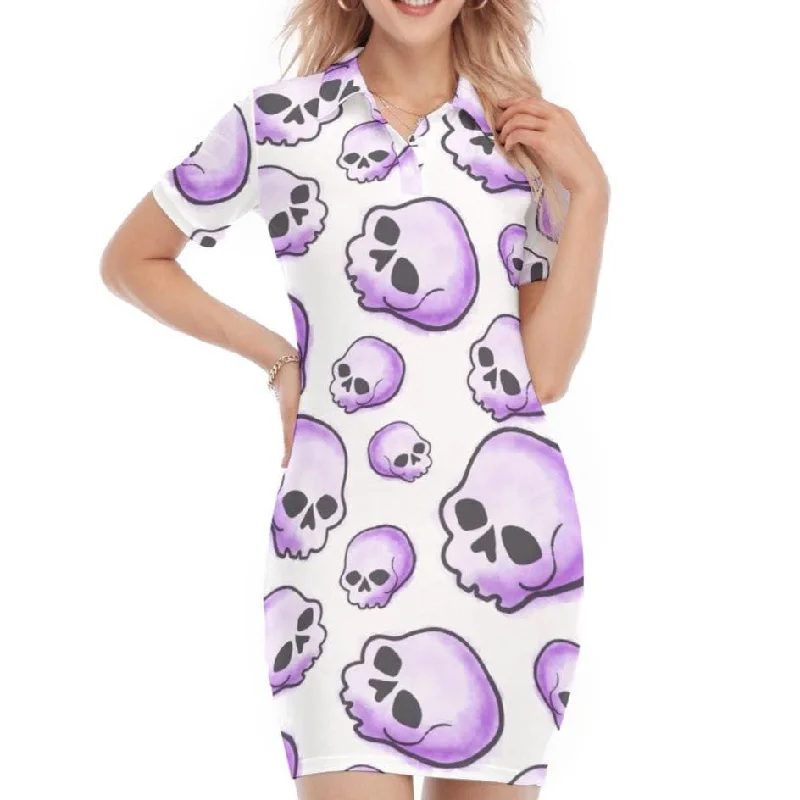Trendy And Casual Women's Purple Skulls Polo Collar Dress