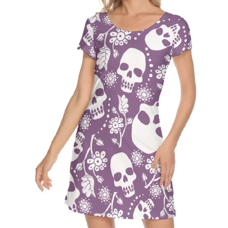 Elegant Wear Women's Purple With White Skulls Short Sleeve O-neck Dress