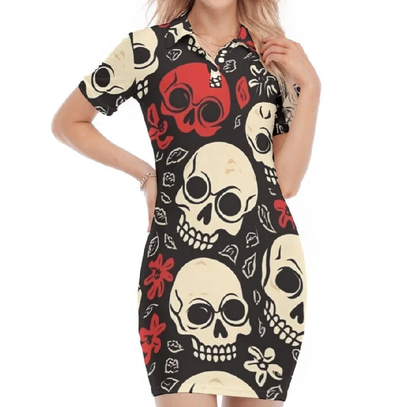Exquisite Embroidery Women's Red Skulls Polo Collar Short Sleeve Dress