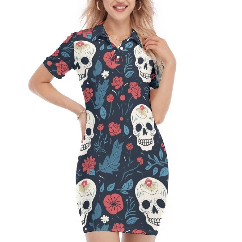 British Style Women's Skull Red Blue Floral Polo Collar Dress