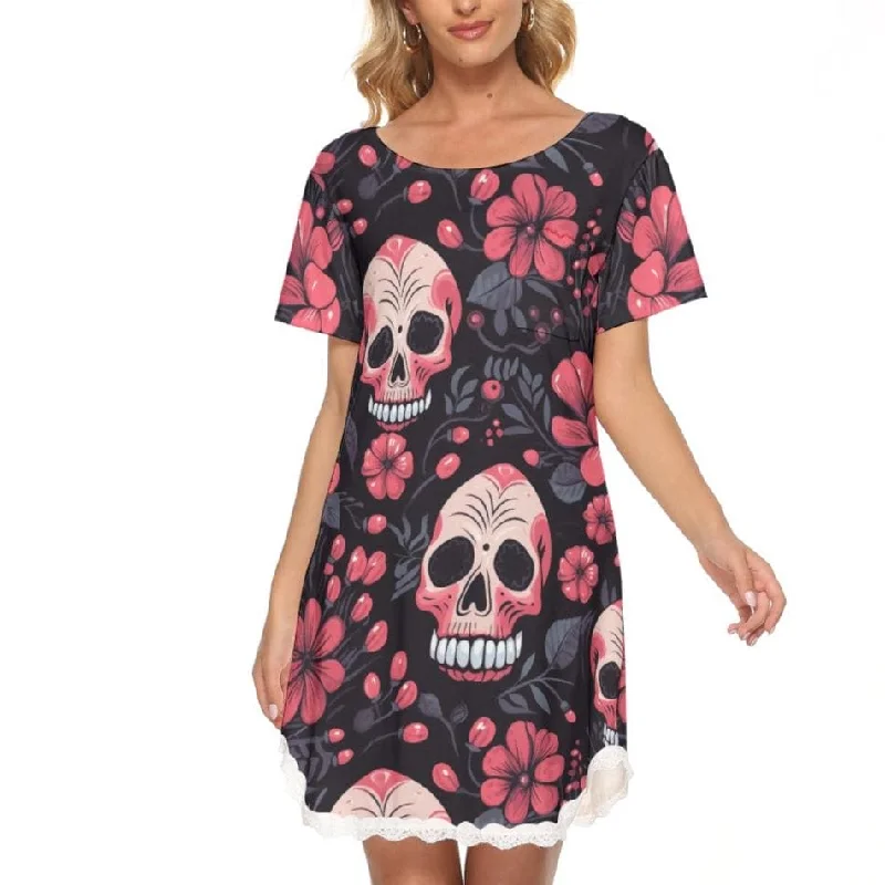 High Street Style Women's Skulls With Pink Flowers Dress With Lace Edge