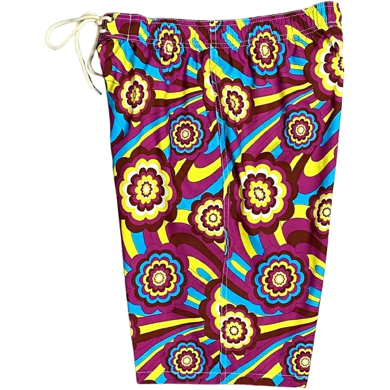 "Yellow Brick Road" Womens Elastic Waist Swim Board Shorts. REGULAR Rise + 11" Inseam (Purple)